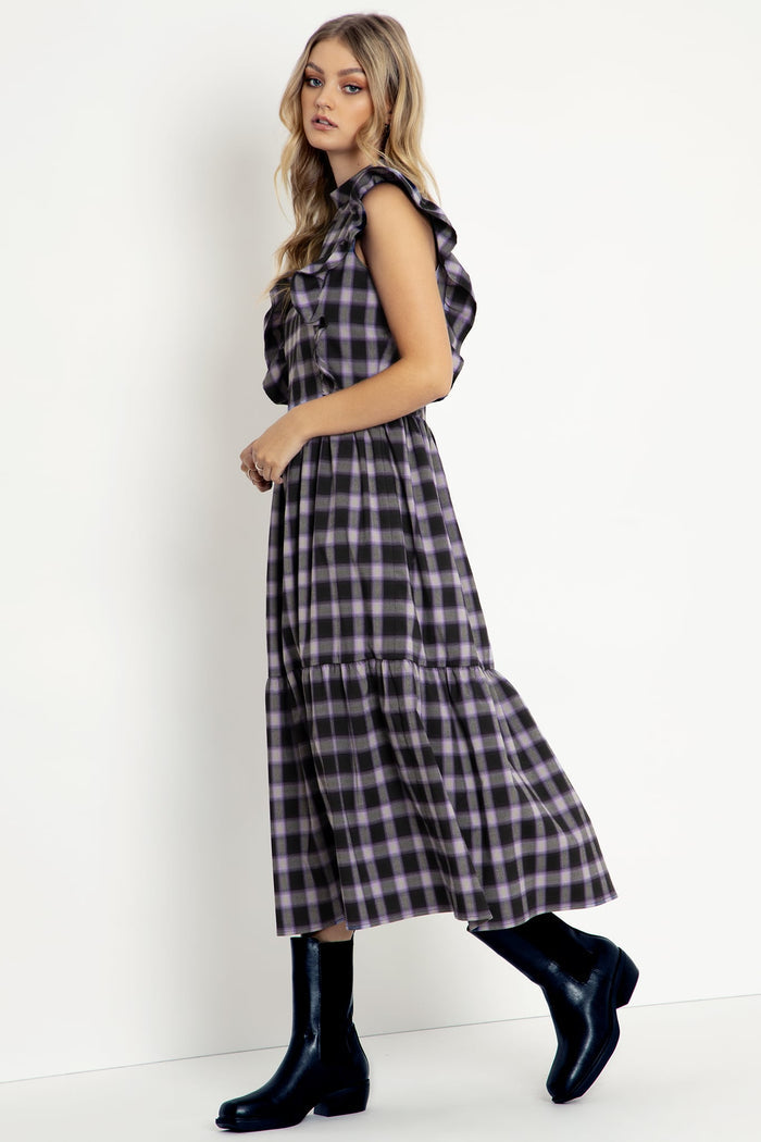 Plaid Ghost Frill Sleeve Midaxi Dress