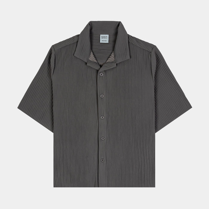 Pleated Button Up Mens Short Sleeve Shirt (Grey)