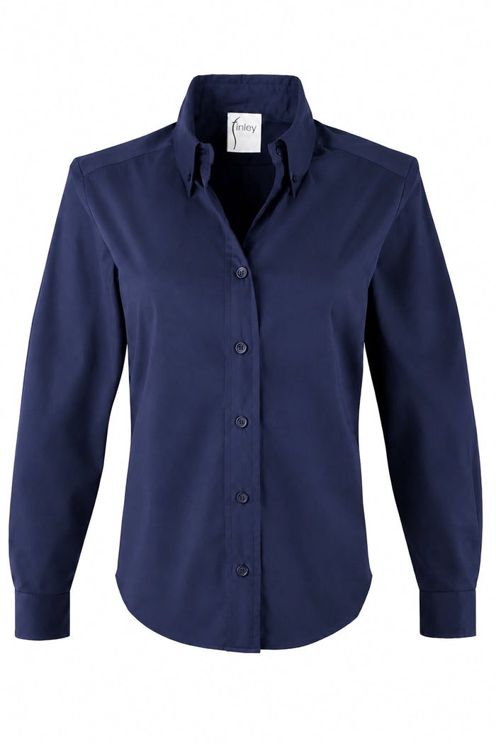 A navy blue long-sleeve button-down shirt with a pointed collar, displayed on a clean white background.
