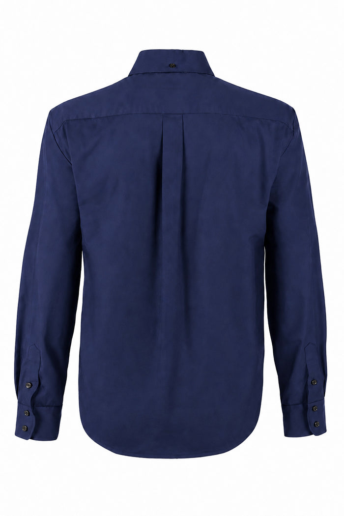 A navy blue long-sleeve button-down shirt shown from the back, featuring a subtle vertical pleat down the center back and button cuffs, set against a plain white background.