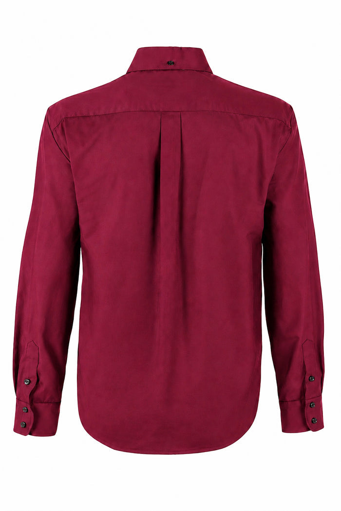 A long-sleeve button-up shirt shown from the back, featuring a subtle vertical pleat down the center back and button cuffs, in a deep burgundy color.