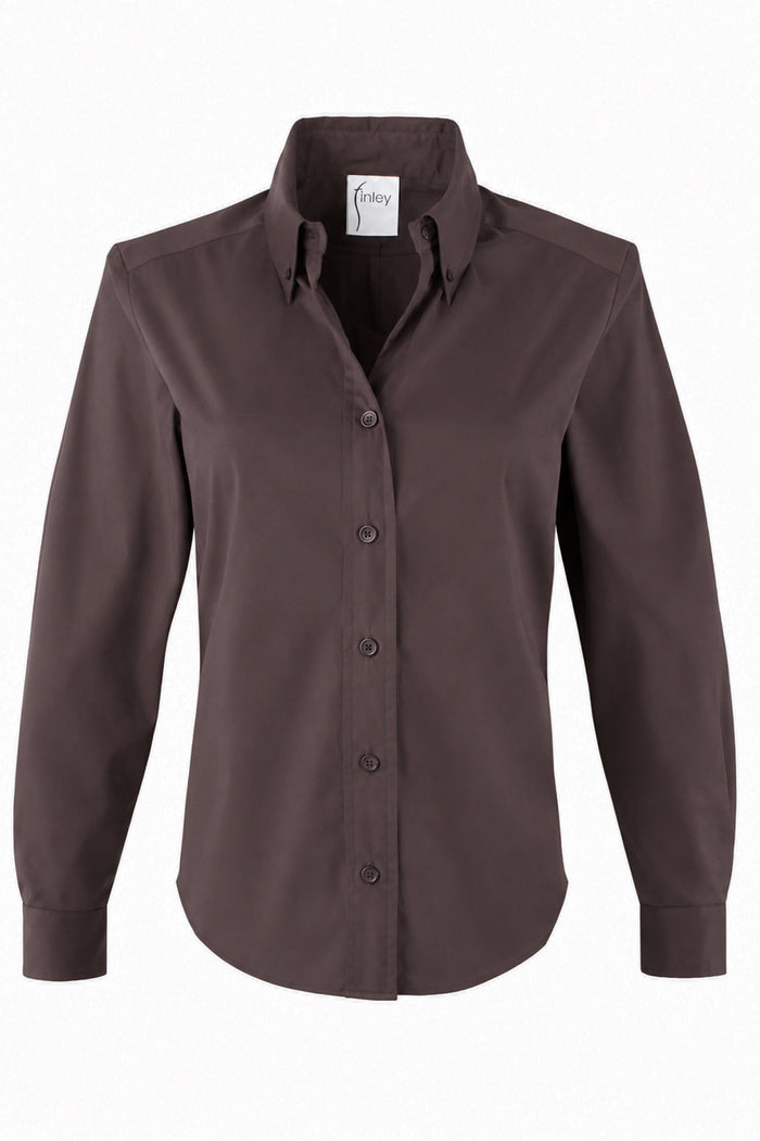 A women's long-sleeve button-down shirt in a dark brown color, featuring a classic collar and a front button placket, shown against a plain white background.