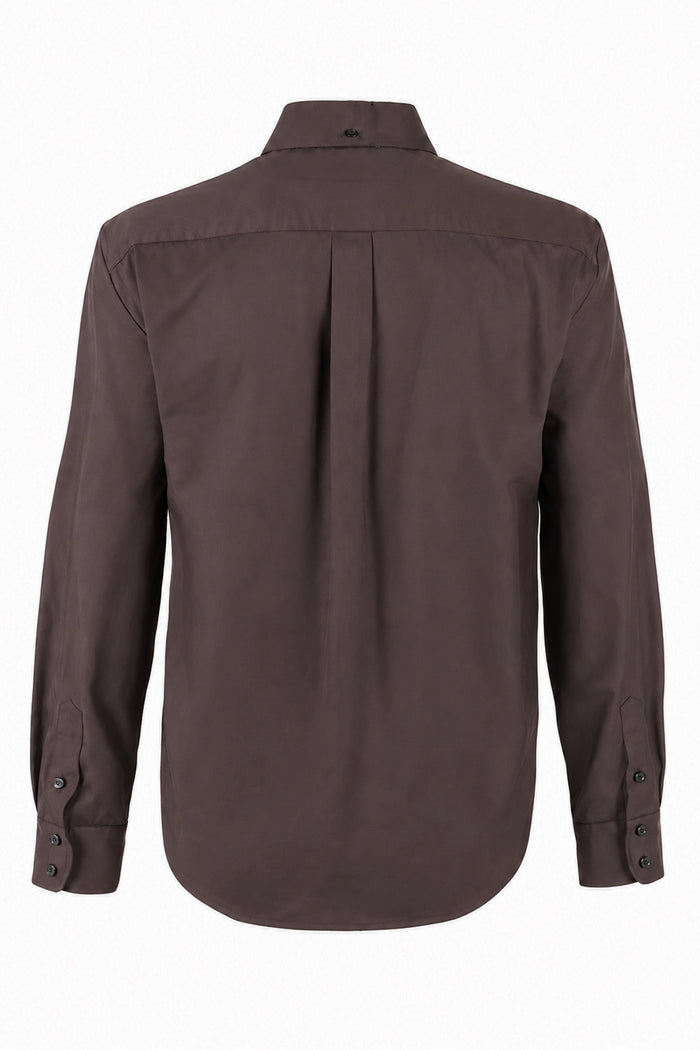 A dark brown long-sleeve button-down shirt shown from the back, featuring a subtle pleat detail at the center back and button cuffs, set against a plain white background.
