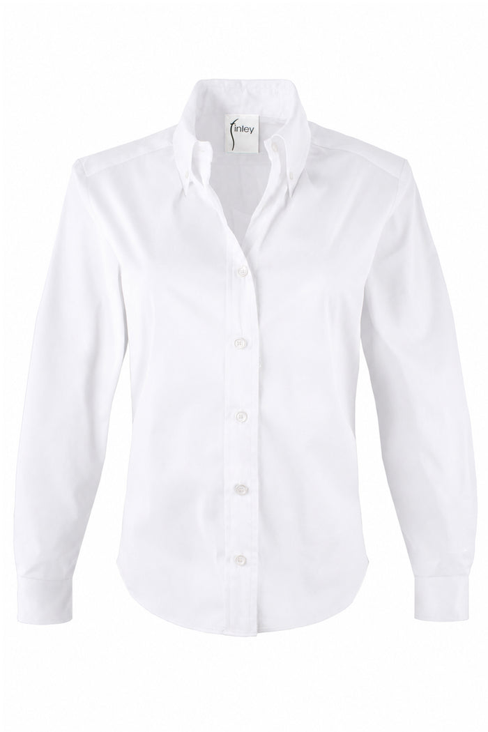 A white long-sleeve button-down shirt with a pointed collar, displayed on a clean white background.