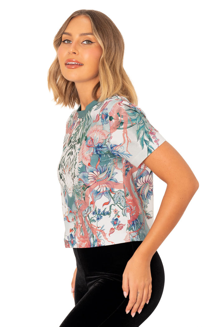 Pretty Fierce Baby Tee front product image showing fitted silhouette, crew neck and tiger graphic surrounded by floral print