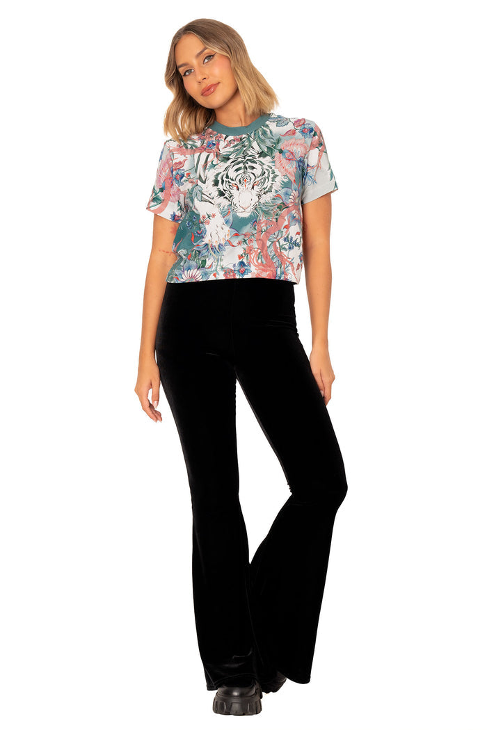 Fitted cropped t shirt with white tiger artwork, botanical print and short sleeve baby tee silhouette