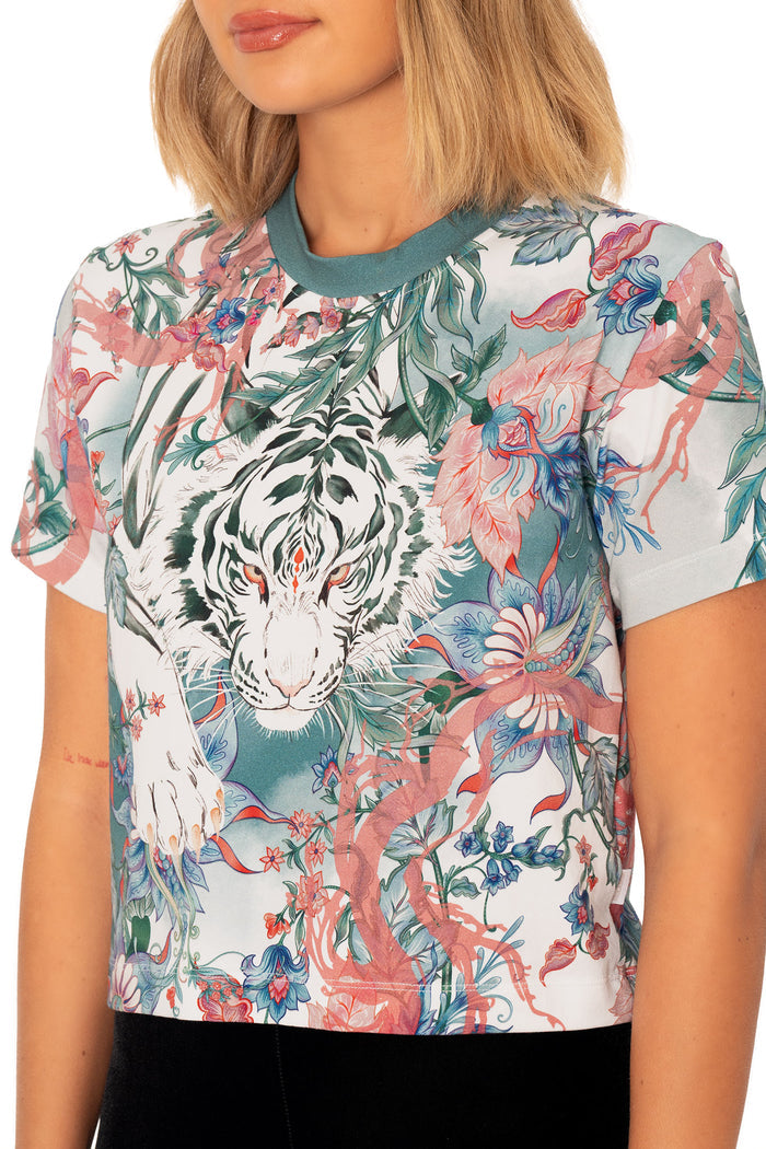 Pretty Fierce Baby Tee featuring pastel floral print, tiger illustration and soft fitted cropped shape for casual styling