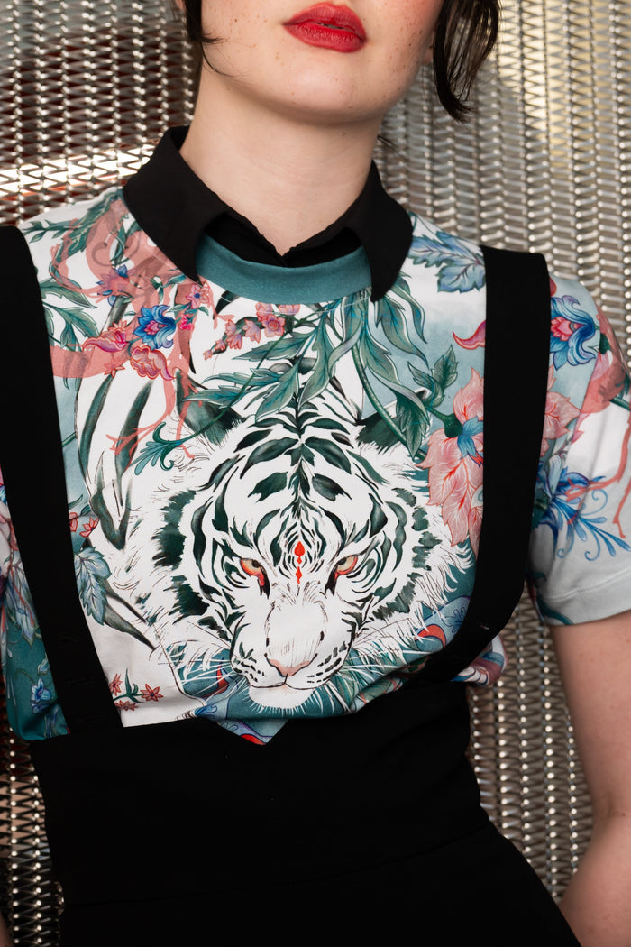 BlackMilk Pretty Fierce Baby Tee front studio image showing cropped fitted t shirt with white tiger graphic and floral design