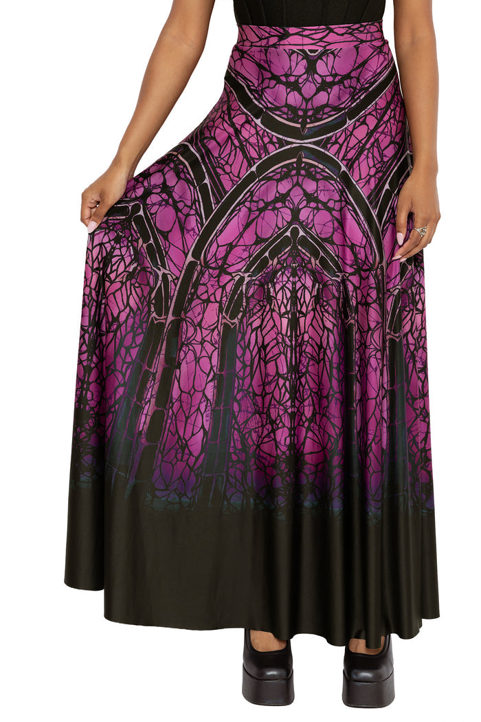 Dark academia maxi skirt with cathedral web artwork inspired by gothic architecture and mystical spider silk patterns. Featuring a flowing full-length silhouette, this whimsigoth skirt is perfect for fantasy witch and alternative goth layering.