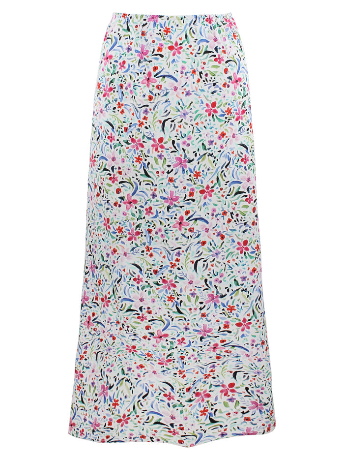 a back view of the Finley Pull On skirt with an elastic waist, maxi length, 100% cotton fabric, and straight silhouette.