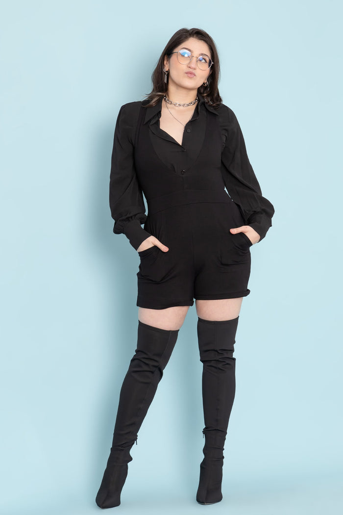 BlackMilk Clothing - Essentials - Staples -  Black Long Sleeve Oversized Shirt Dress Push It Ponte Plunge Playsuit