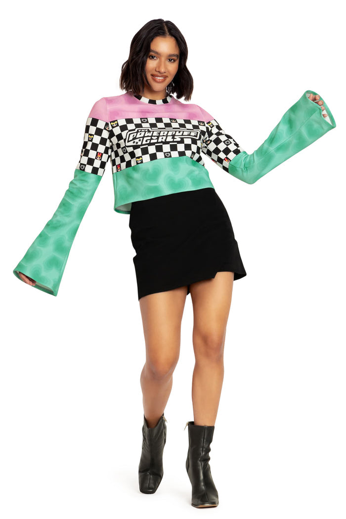 BlackMilk Clothing x Warner Brothers The Powerpuff Girls - Racing Hearts Cropped Bell Sweater - Warner Bros. Merchandise - Collaboration apparel - Licenced.