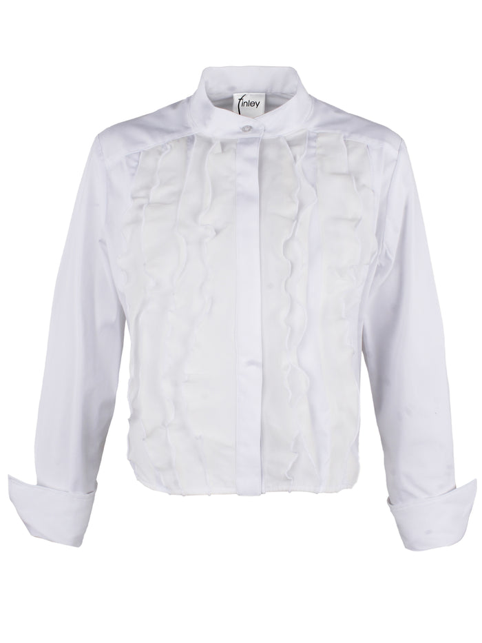 A front view of the Raffaele long sleeve blouse highlighting the cropped fit, white poplin and silk organza, mandarin collar, and fold-back cuffs.