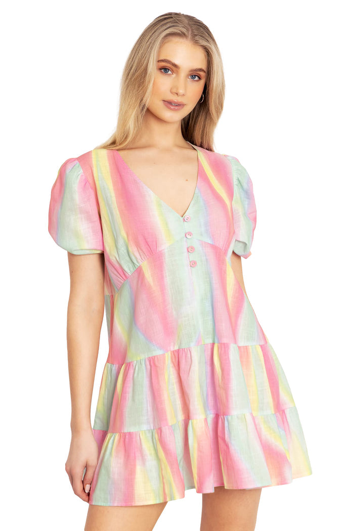 BlackMilk Clothing - Rainbow Puff Sleeve Smock Dress