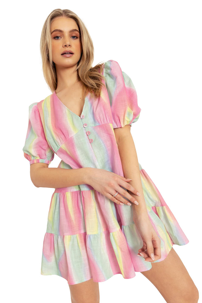 BlackMilk Clothing - Rainbow Puff Sleeve Smock Dress