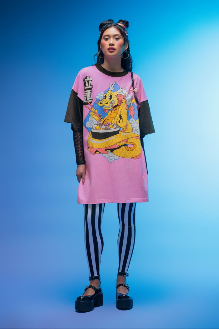 Unisex oversized dragon graphic T-shirt with contrast black raglan sleeves, relaxed giant fit and playful ramen-inspired artwork for casual alternative fashion.