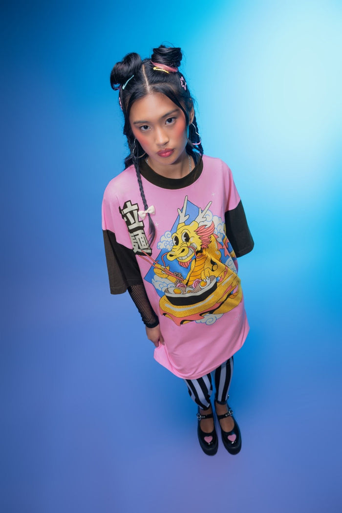 Oversized unisex giant tee featuring a ramen-loving dragon graphic, contrast black sleeves and soft cotton-rich fabric for comfortable everyday streetwear styling.