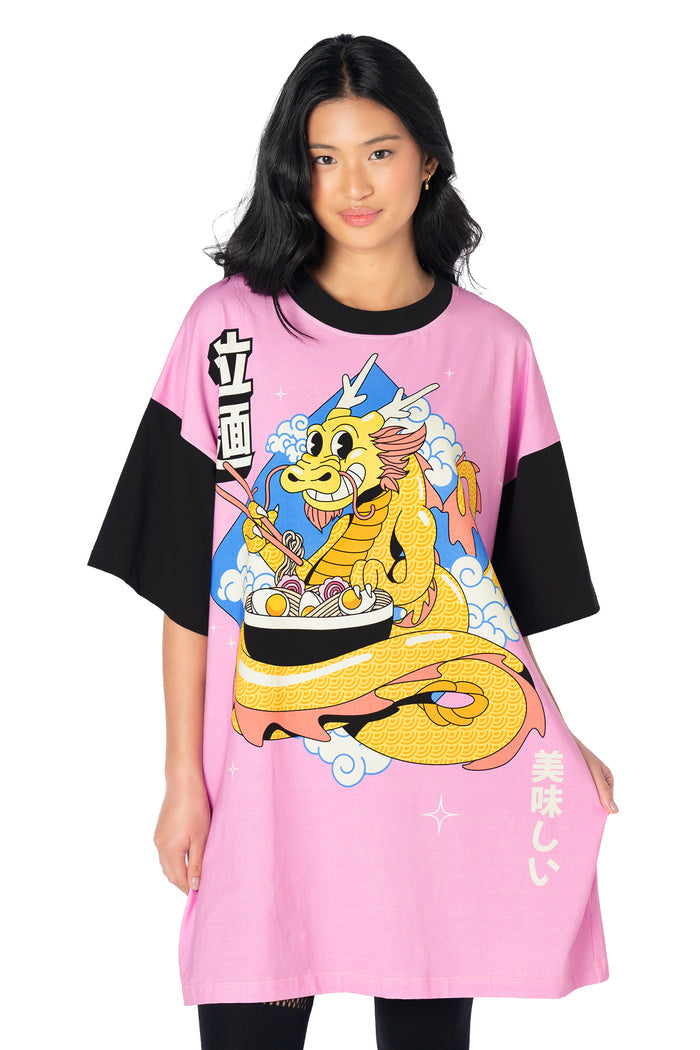 Cotton-rich oversized giant tee featuring a whimsical ramen dragon print, black contrast sleeves and a relaxed unisex silhouette perfect for everyday wear.