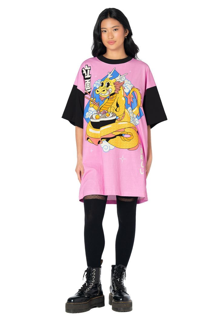 BlackMilk oversized giant tee with a cute ramen dragon print, cotton-rich fabric, contrast raglan sleeves and a comfortable unisex silhouette for alternative fashion.