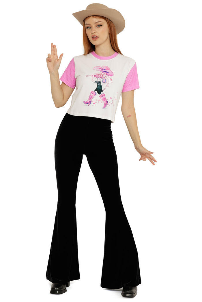 Front view of the Rat Girl Summer Baby Tee from the Lora Zombie collection, featuring a cropped fit with pink sleeves and illustrated graphic.