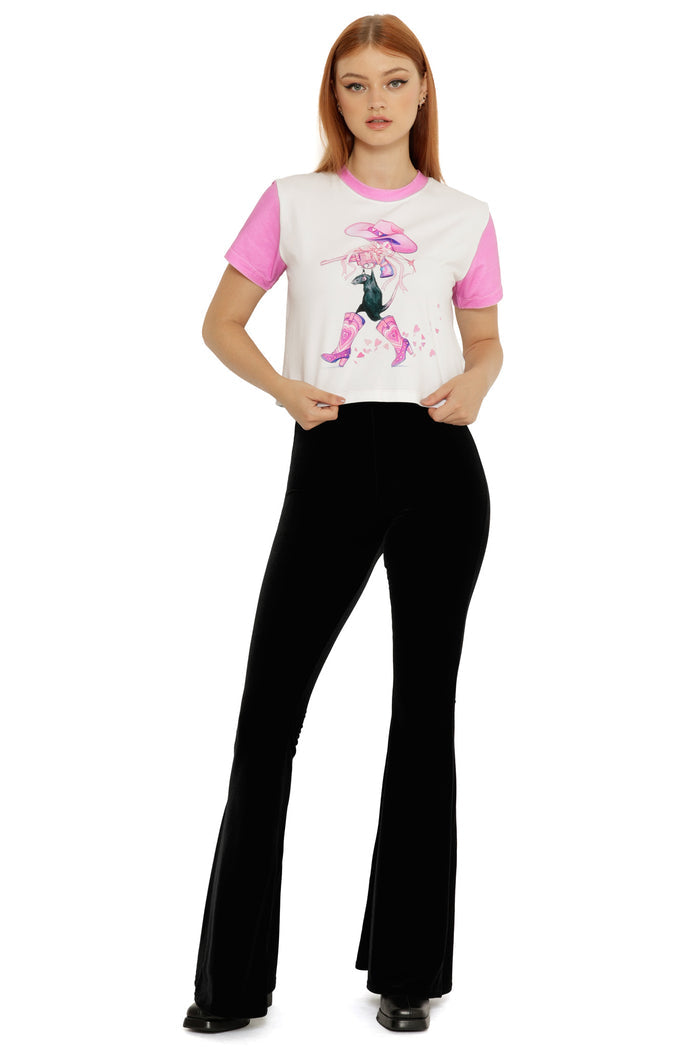 Rat Girl Summer Baby Tee showing front artwork placement, contrast sleeves, and a snug cropped fit.