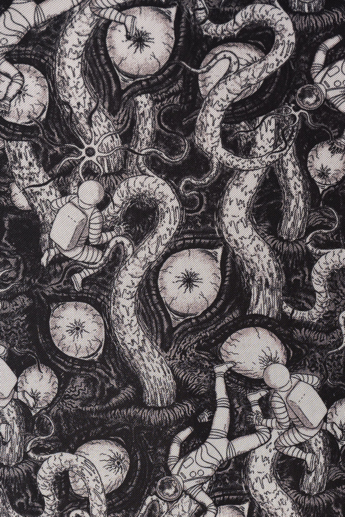 Alternative gothic midi dress inspired by Junji Ito Remina, asymmetric handkerchief hem with repeating astronaut and eye artwork.