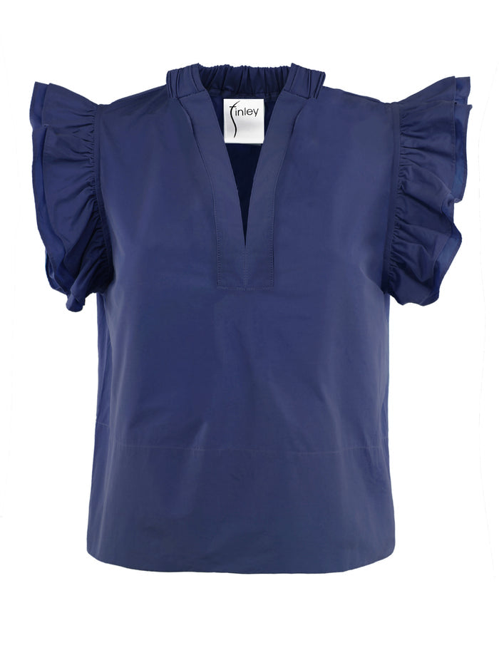 Blue blouse with ruffled sleeves on a white background