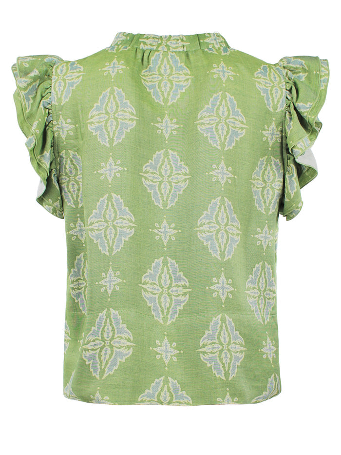 Back view of Finley Remy green and yellow jacquard popover blouse in a boxy fit. Jacquard texture.