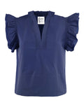 Blue blouse with ruffled sleeves on a white background