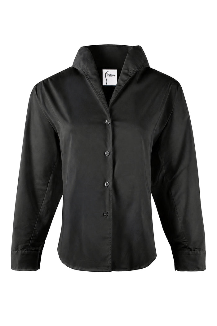 A black long-sleeve button-up shirt with a pointed collar, displayed on a clean white background.