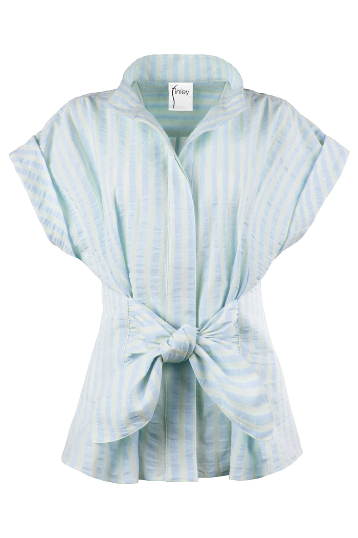 Light blue and white striped shirt with a tie detail on a white background