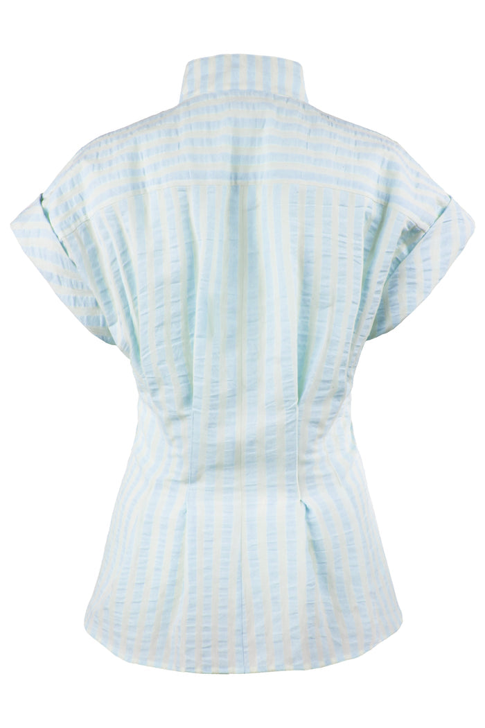Light blue and white striped shirt on a white background