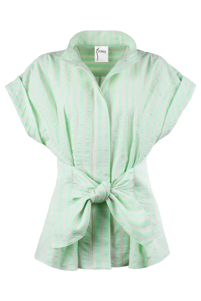 Green striped blouse with a knot detail on a white background