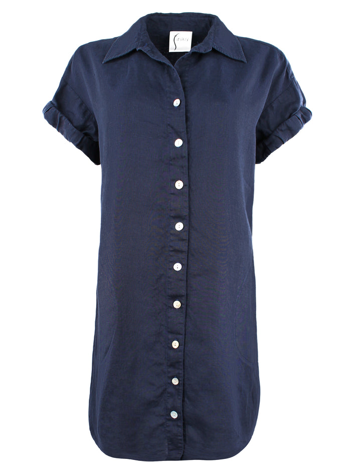 Navy blue button-up shirt with short sleeves on a white background