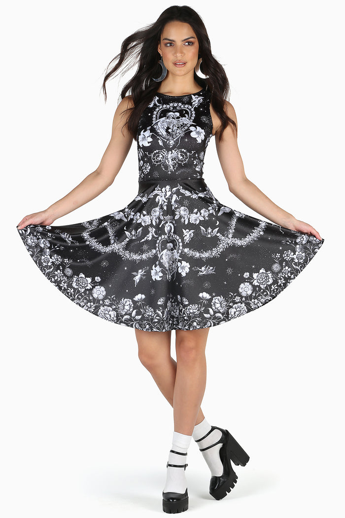 Romancing Death Longline Princess Dress by BlackMilk Clothing featuring black base with white gothic illustration print, sleeveless fitted bodice and flared longline skirt