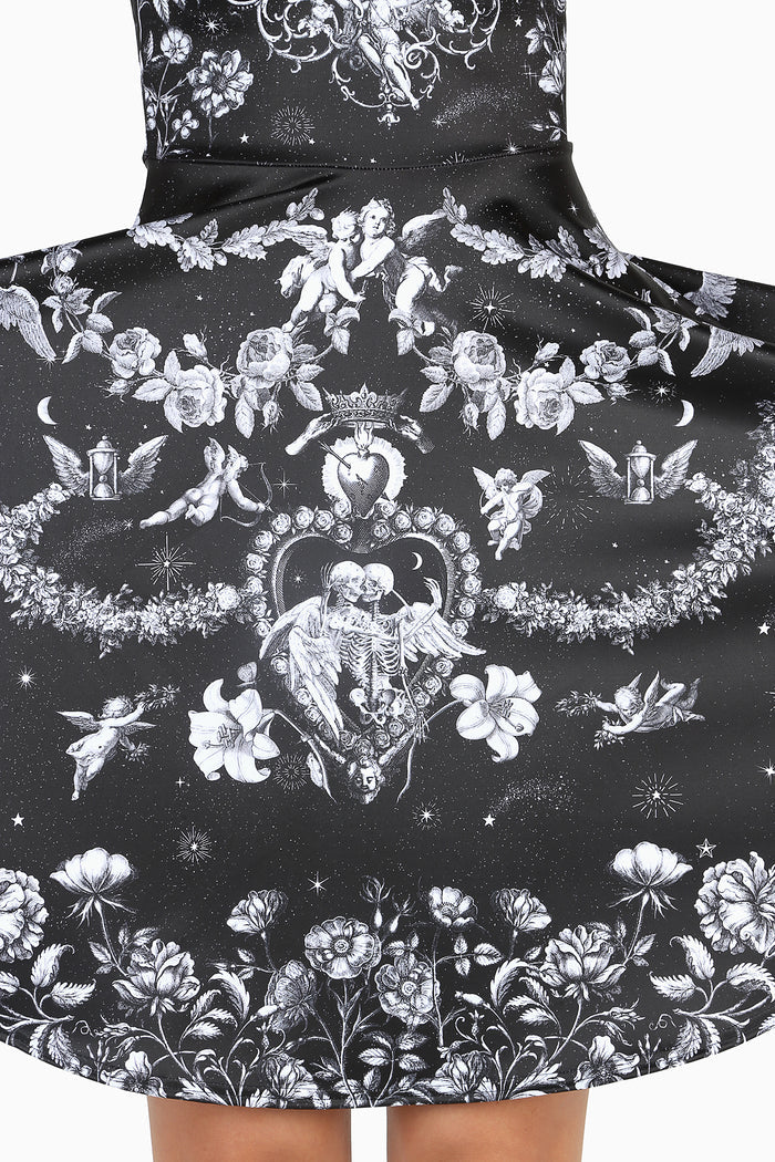 Bring back Romancing Death Longline Princess Dress by BlackMilk Clothing, black longline dress with iconic gothic illustration print and classic princess silhouette