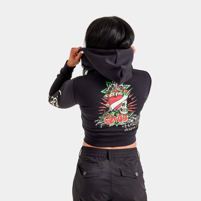 Rose Skull Zip Up Womens Hoodie (Black/White)