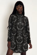 Sacred Orbit Long Sleeve Business Time Shirt Dress featuring celestial-inspired artwork, a classic button-through design and long sleeves, perfect for workwear, creative offices and elevated everyday styling.