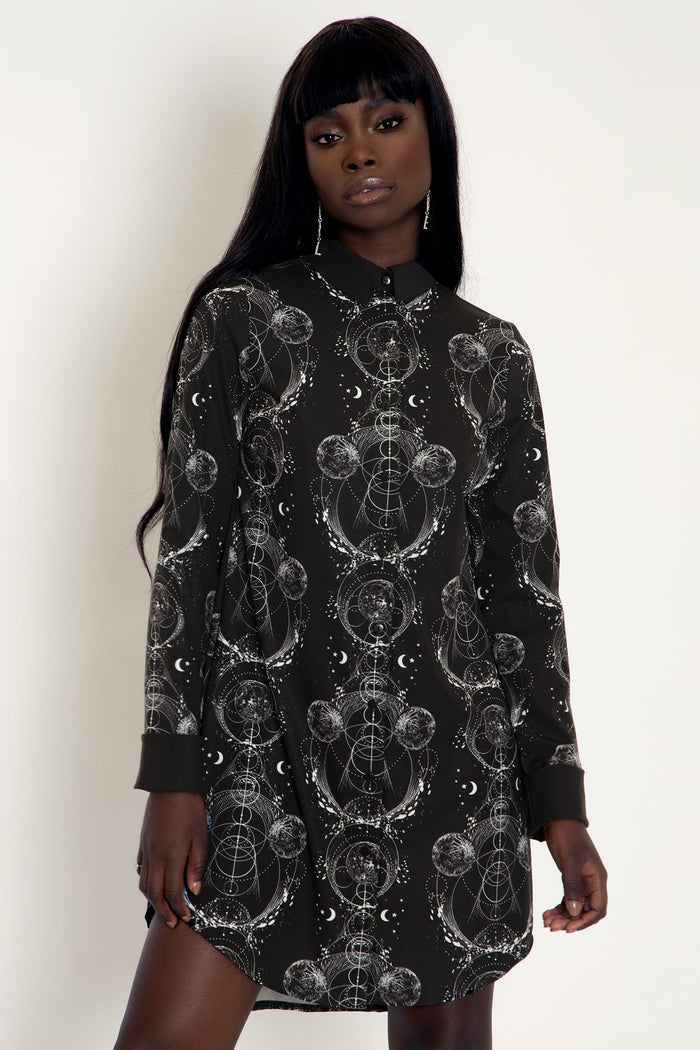 Sacred Orbit Long Sleeve Business Time Shirt Dress featuring celestial-inspired artwork, a classic button-through design and long sleeves, perfect for workwear, creative offices and elevated everyday styling.