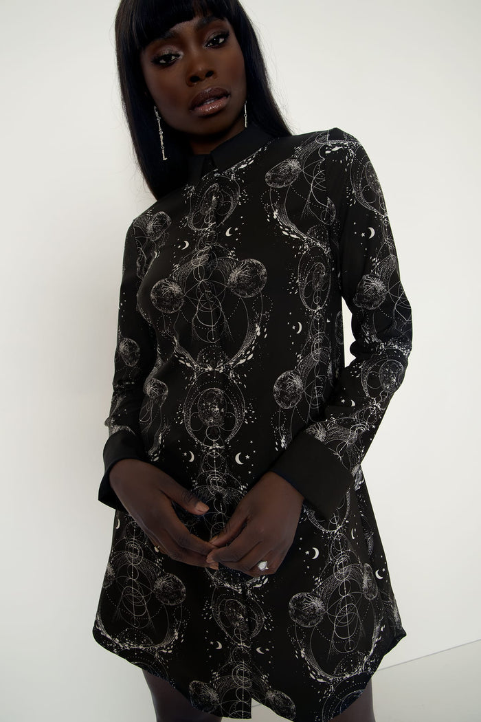 Long sleeve shirt dress with Sacred Orbit print, designed with a flattering silhouette for office outfits, smart casual dressing, travel and day-to-night wear.