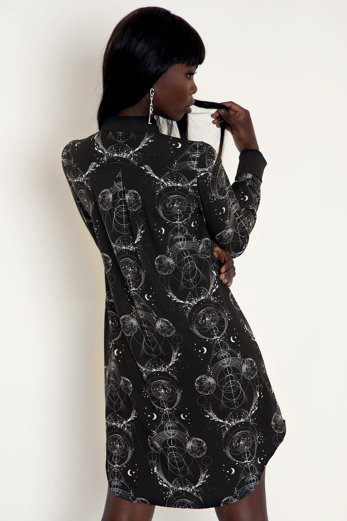 Button-through shirt dress featuring Sacred Orbit artwork, ideal for workwear, casual office outfits, gallery visits and polished everyday styling.