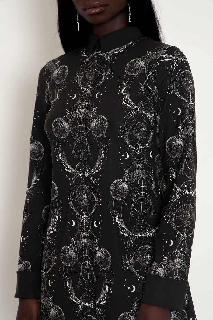 Women's long sleeve collared dress with celestial-inspired print, perfect for corporate fashion, smart casual events and versatile everyday wear.
