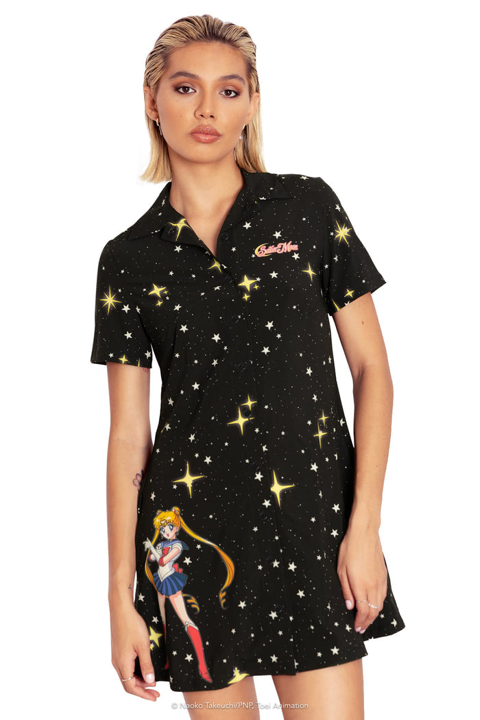 BlackMilk Clothing x Pretty Guardian Sailor Moon - Sailor Guardians Sparkle Short Sleeve Button Up Dress - Sailor Moon Merchandise - Collaboration apparel - Licenced.