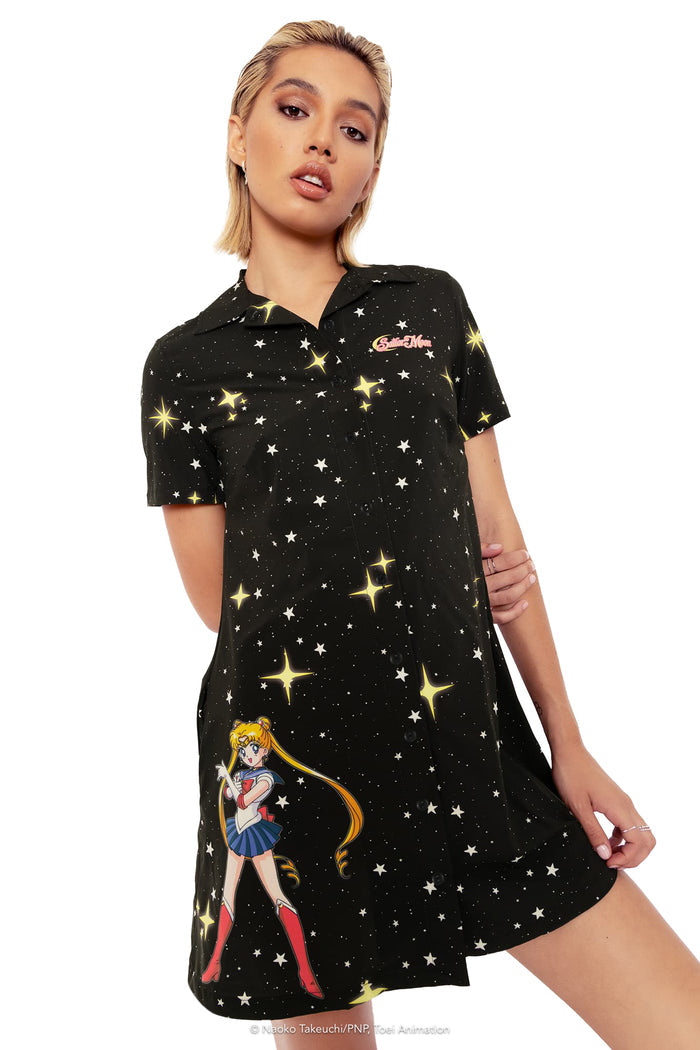 BlackMilk Clothing x Pretty Guardian Sailor Moon - Sailor Guardians Sparkle Short Sleeve Button Up Dress - Sailor Moon Merchandise - Collaboration apparel - Licenced.
