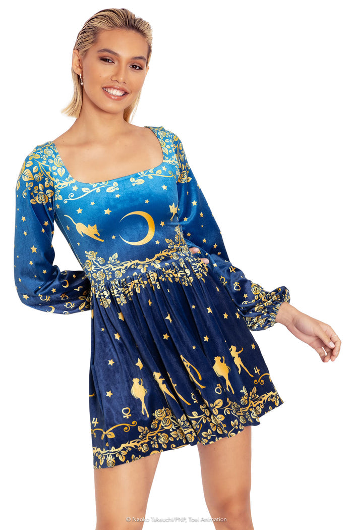 BlackMilk Clothing x Pretty Guardian Sailor Moon - Sailor Guardians Stars Velvet Squared Up Bishop Dress - Sailor Moon Merchandise - Collaboration apparel - Licenced.