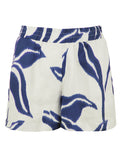 A front view of the Seaside shorts, crafted from 100% linen with a 3" inseam, side pockets, and a blue floral batik pattern.
