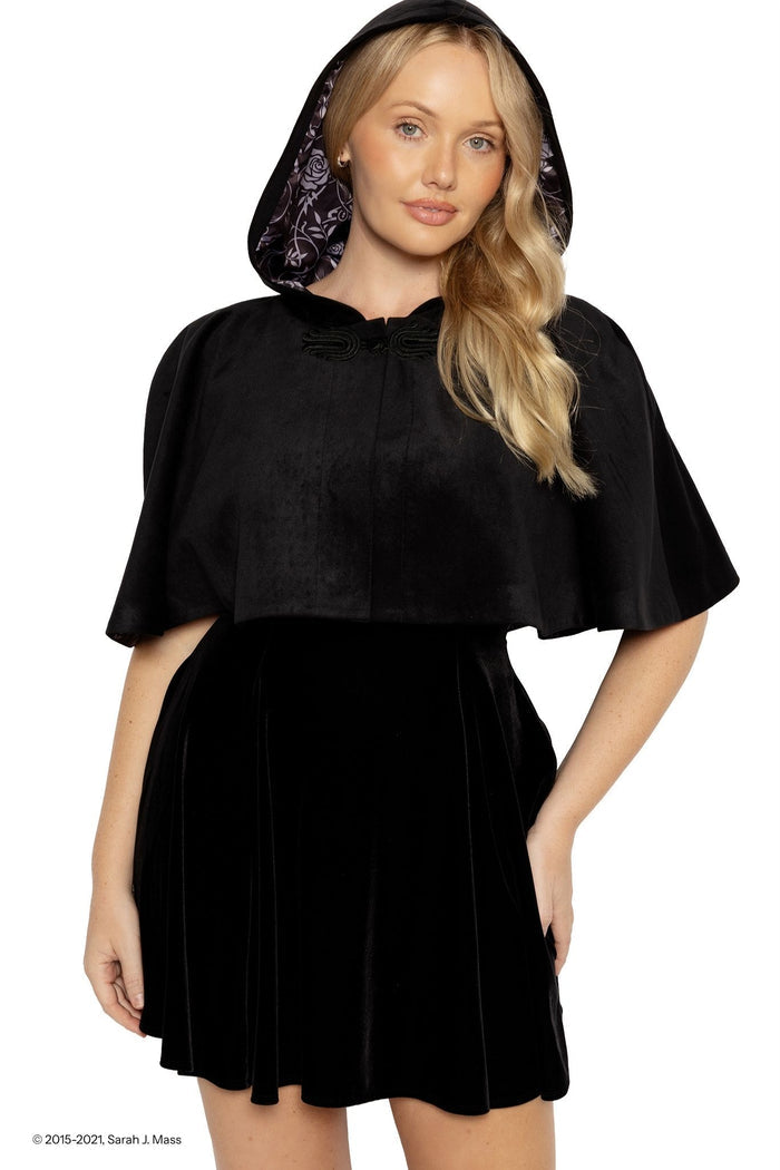 ACOTAR Shadowsinger velvet hooded cape in black, inspired by A Court of Thorns and Roses series by Sarah J Maas, featuring soft velvet fabric, hooded silhouette, frog clasp closure and High Fae thorn and rose lining, dark fantasy Night Court outfit