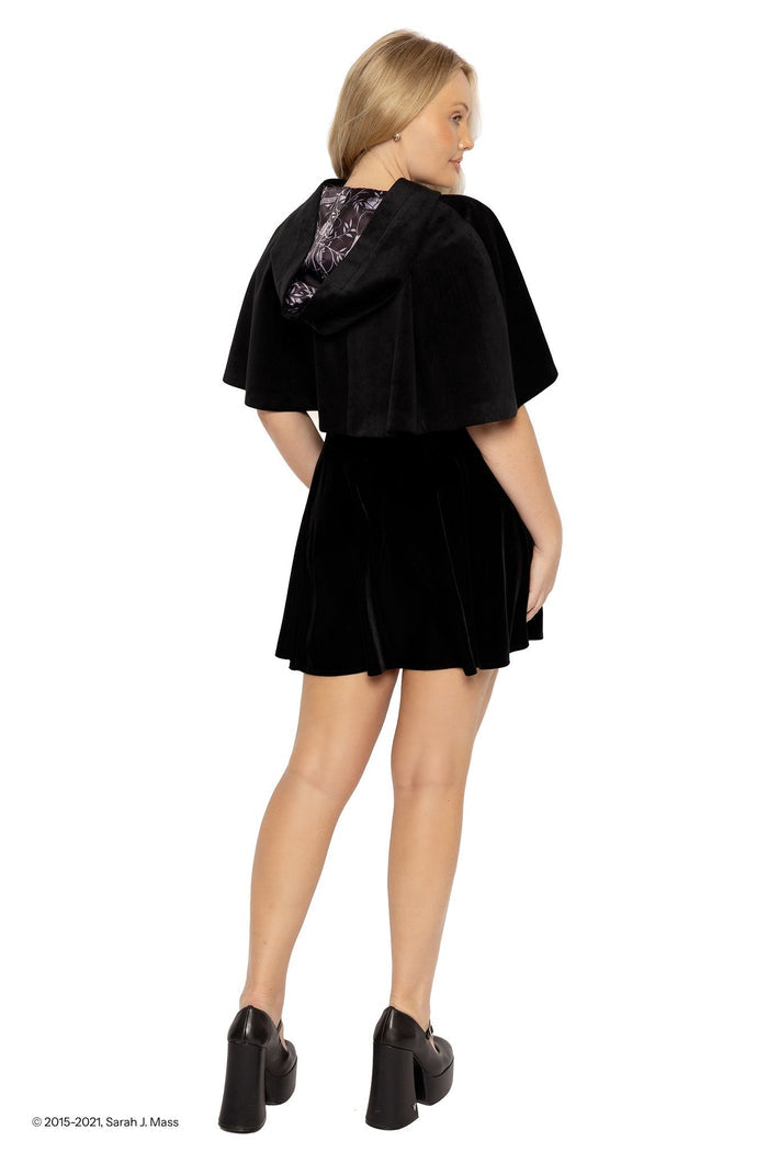 ACOTAR series Shadowsinger cape black velvet, inspired by A Court of Thorns and Roses books by Sarah J Maas, featuring a dramatic hood, soft velvet drape, frog clasp closure and intricate thorn and rose lining, Night Court aesthetic