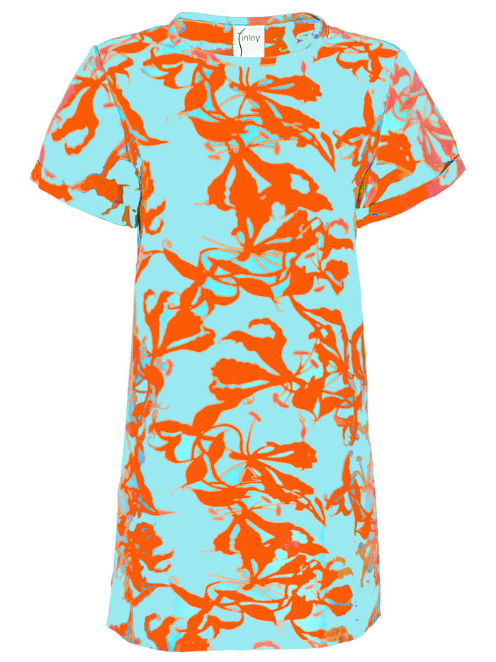 a front view of the Finley Shawn shirt dress with an orange & teal floral print, jacquard fabric, short sleeves, shift silhouette, and knee hem.
