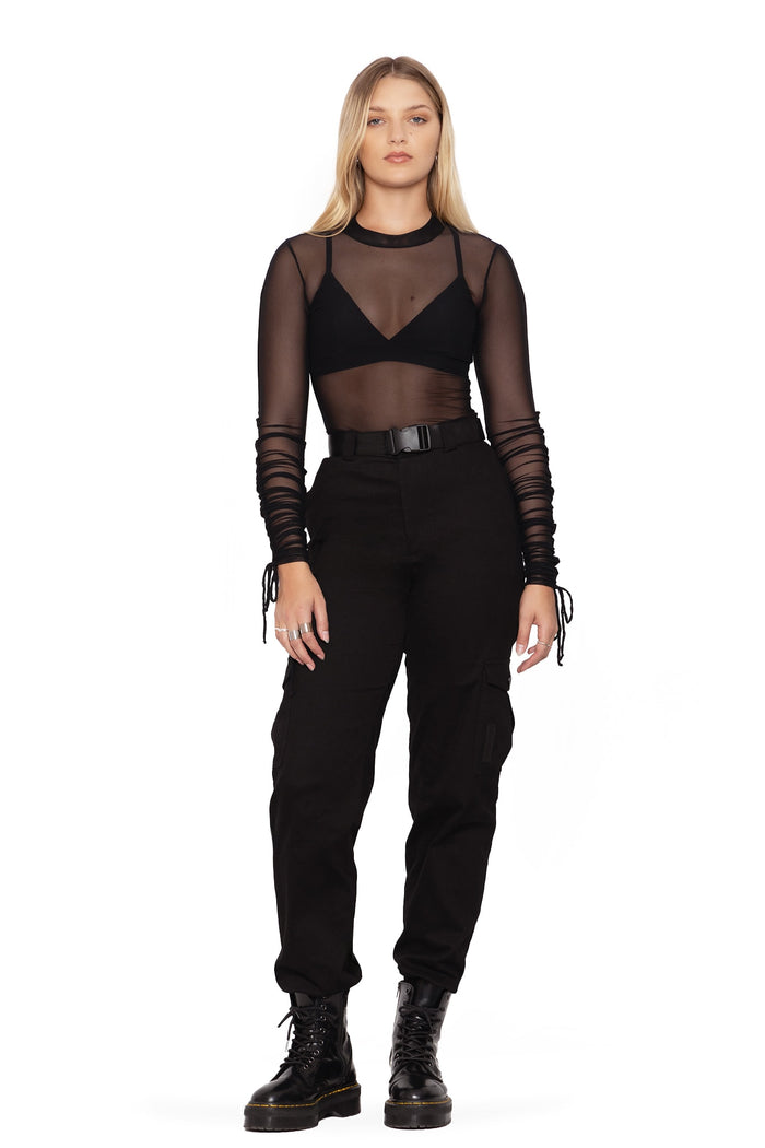 BlackMilk Clothing - black sheer high neck long sleeve ruched top